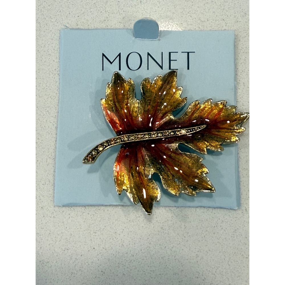 Monet Fall Maple Leaf Brooch Orange Gold Enamel Crystal Accent Pin Vintage Style
